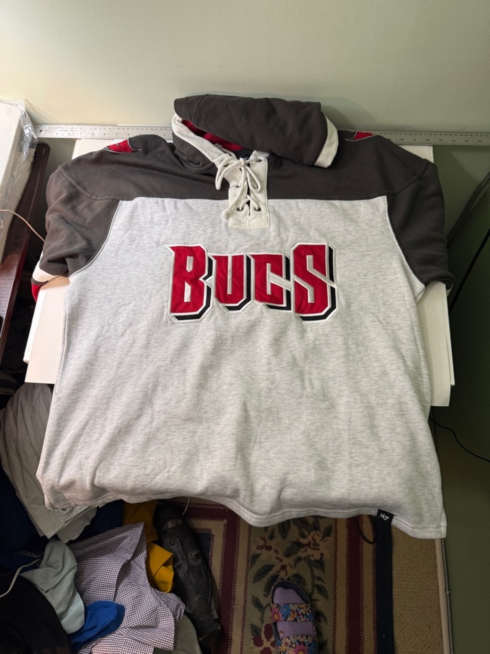 Bucs Lace-Up Hooded Pullover - Gray and Dark Charcoal with Red Logo